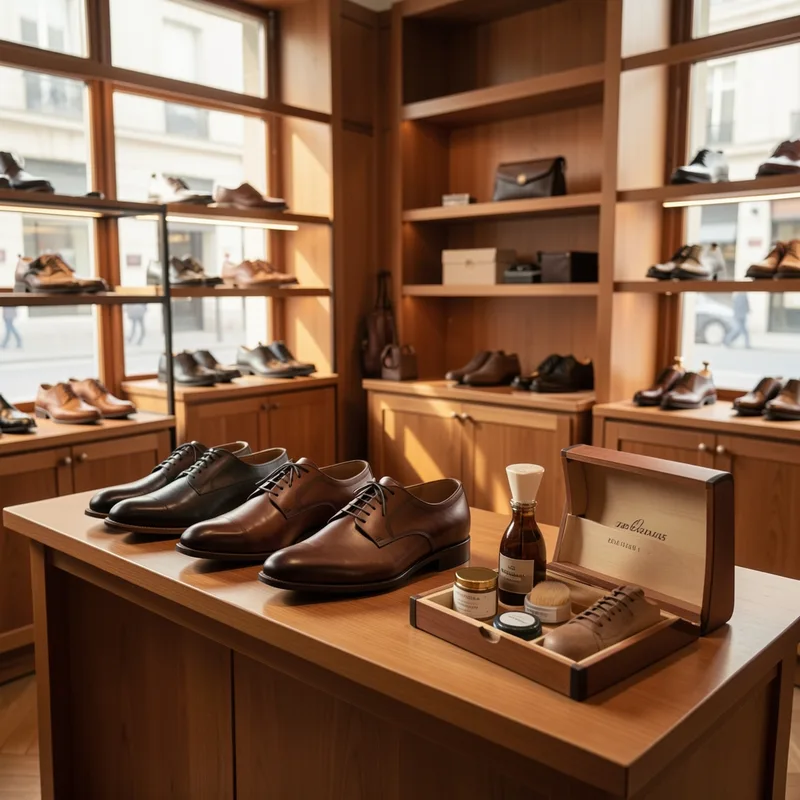 Paires de chaussures de ville en cuir, derbies et richelieus, alignées avec brosse et chiffon d'entretien